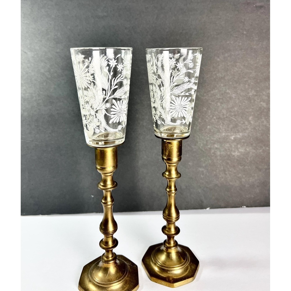 Vintage Clear Glass w/ White Floral Design Votive‎ Candleholder (454) set of two